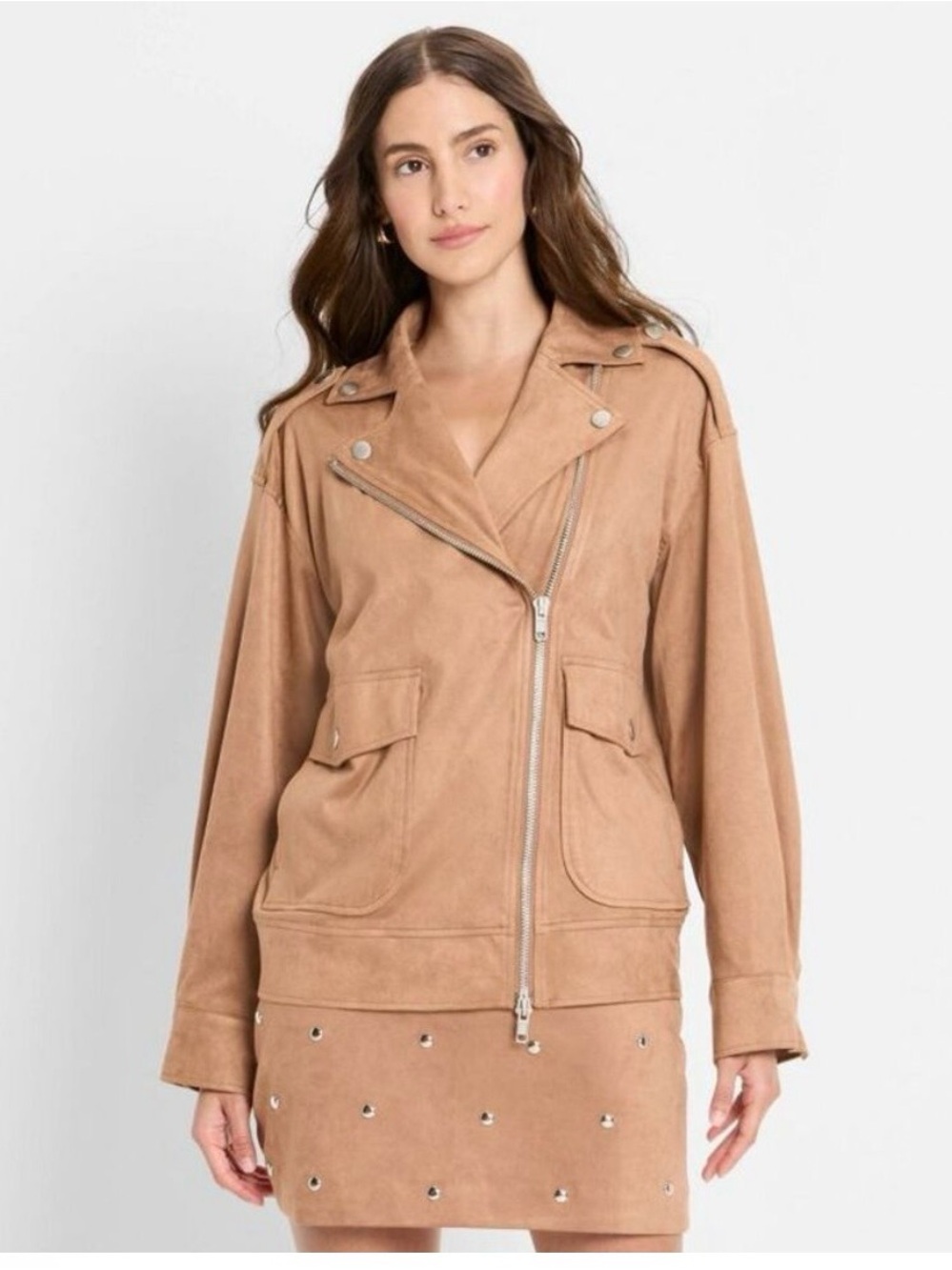 Women’s Tan Suede Bomber Jacket with Asymmetrical Zip
